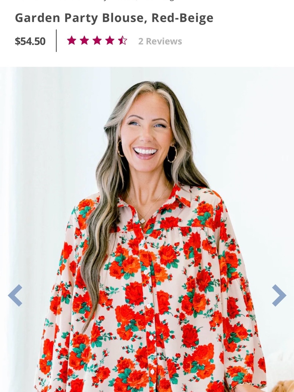 First Love Red and Beige Floral Button-Front Blouse